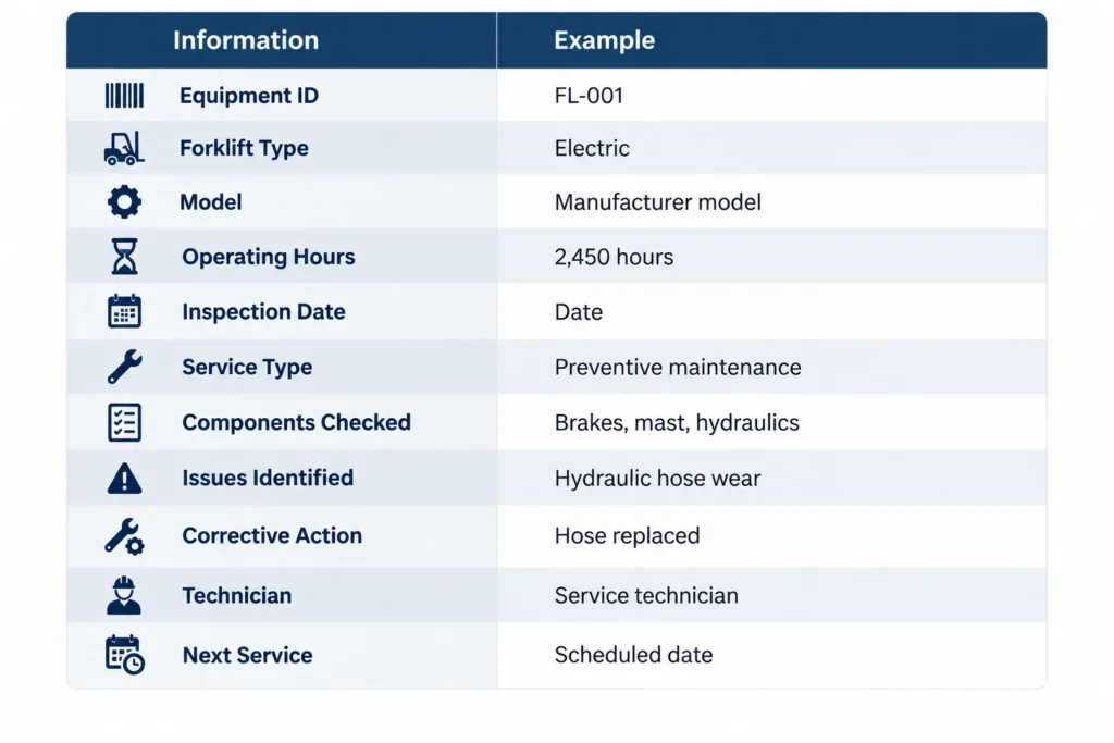 Forklift maintenance inspection table with equipment details