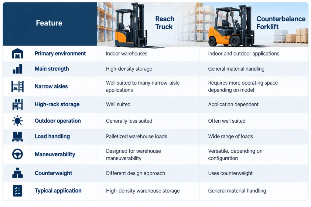 Reach truck vs. counterbalance forklift comparison table