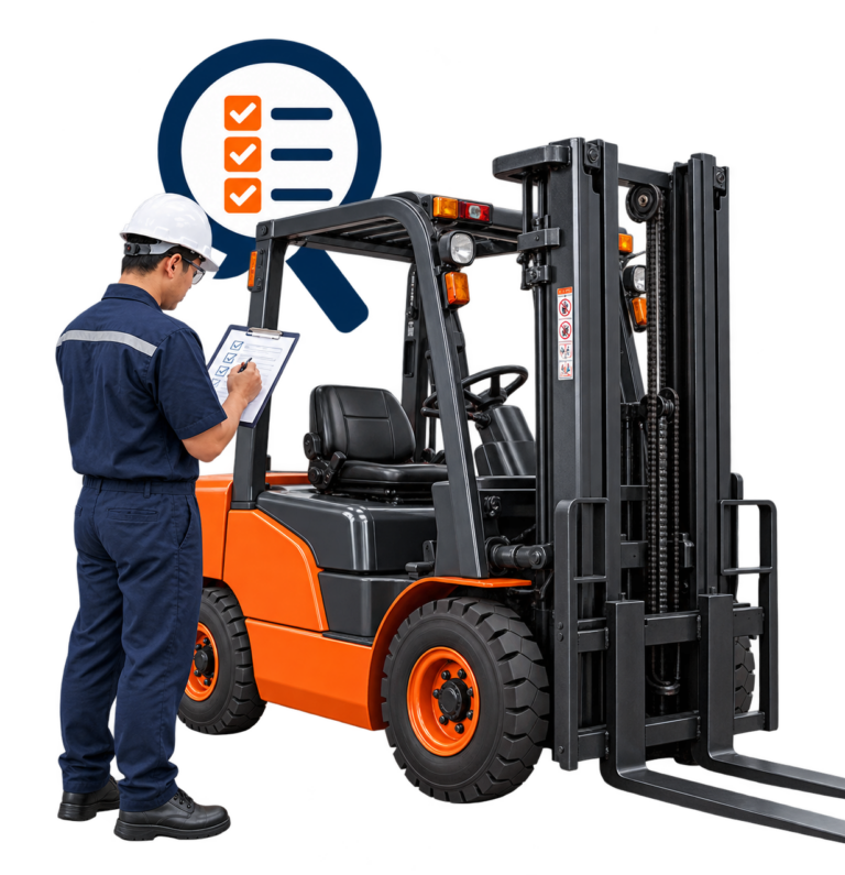 Technician inspecting a forklift during a maintenance checkup
