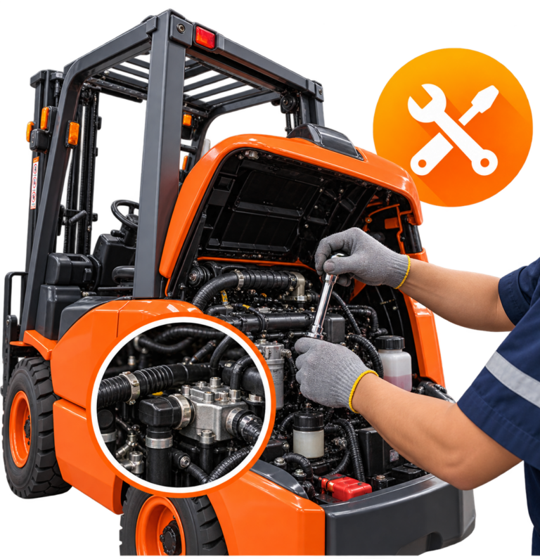 Technician servicing forklift engine and making equipment adjustments