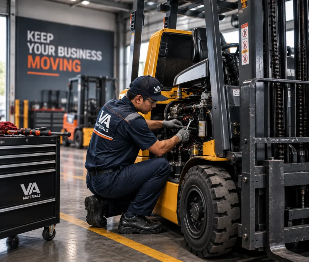 Forklift technician diagnosing and repairing equipment