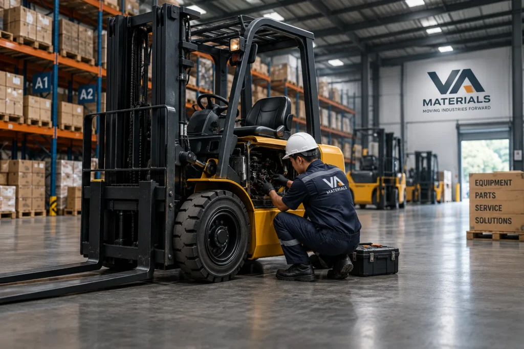 Technician servicing a forklift in an industrial warehouse