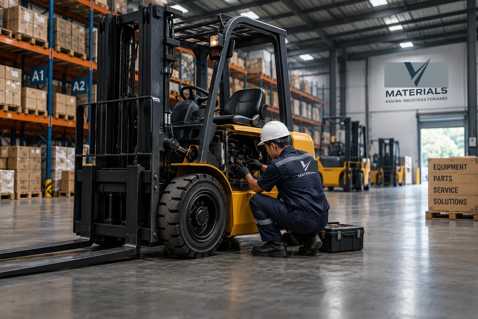 Technician servicing a forklift in an industrial warehouse