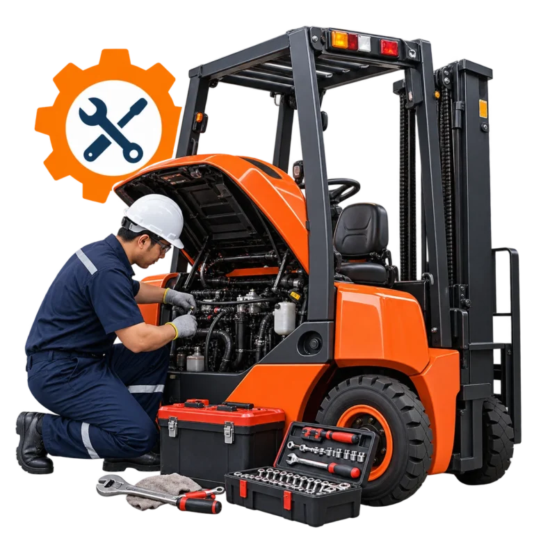Technician performing preventive maintenance on a forklift